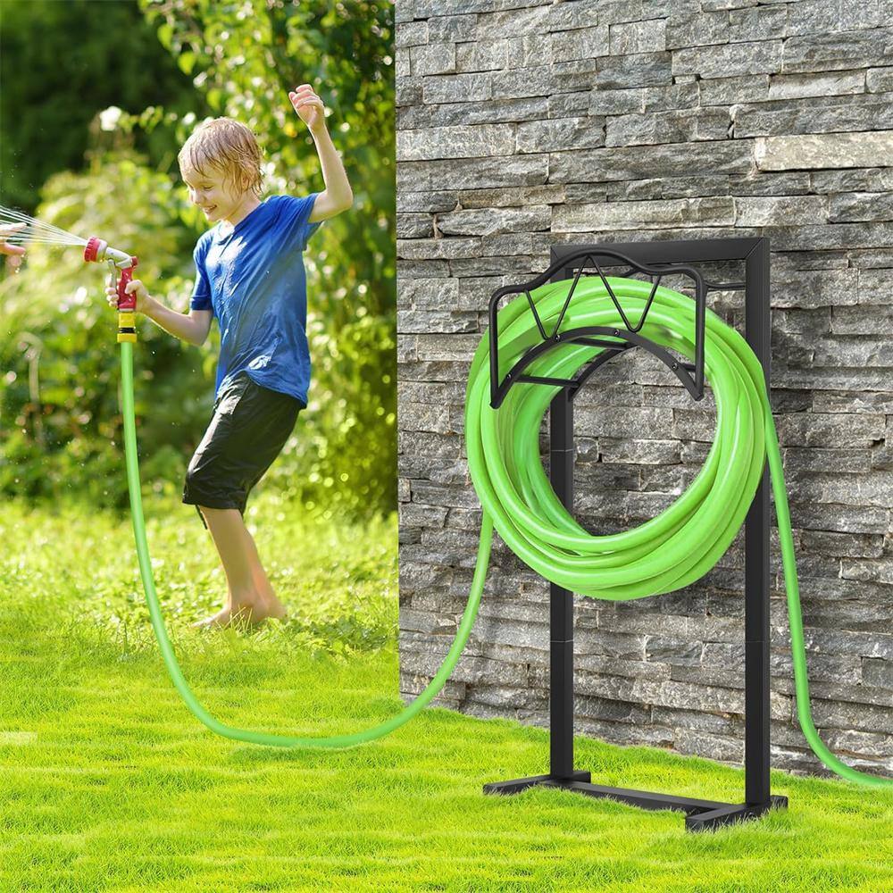 Misopily Freestanding Heavy-Duty Garden Hose Holder, Metal Hose Stand Hose Storge with 4 Spikers, Holds 150 ft. Hose, Black