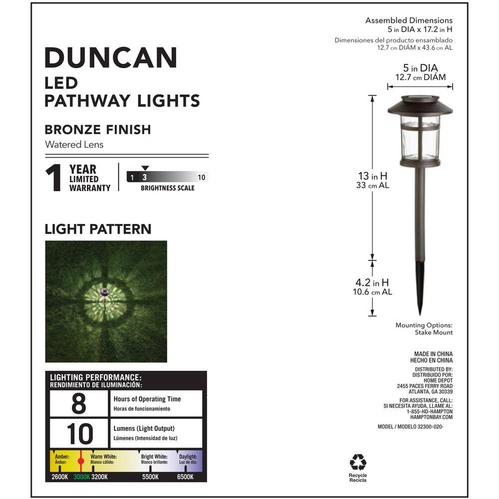 Hampton Bay Duncan 10 Lumen Bronze LED Weather Resistant Outdoor Solar Path Light with Plastic Lens (12-Pack)