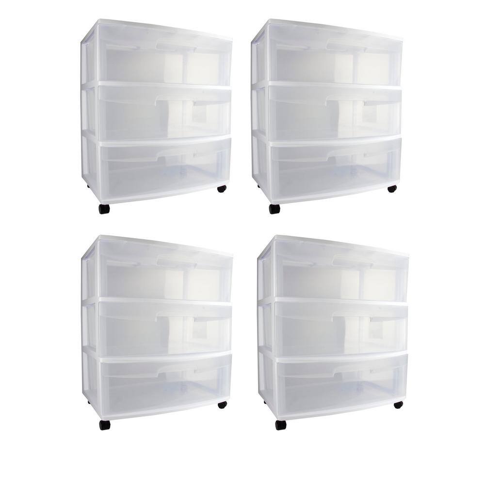 Sterilite 25.625 in. H x 15.25 in. W x 21.875 in. D Home 3 Drawer Wide Storage Cart Container with Casters (4-Pack)