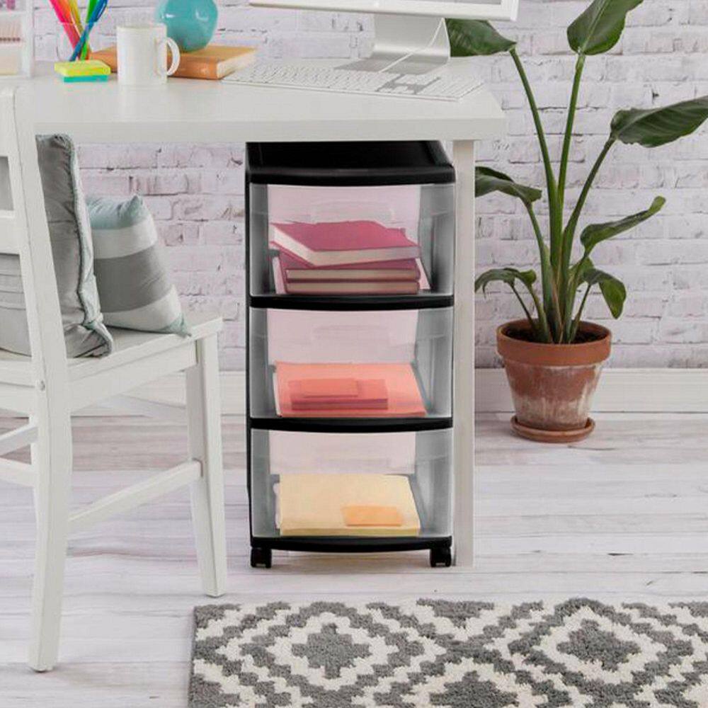 Sterilite 3-Drawer Storage Cart, Clear with Black Frame (2-Pack)