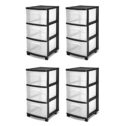 Sterilite 3-Drawer Storage Cart, Clear with Black Frame (4-Pack)