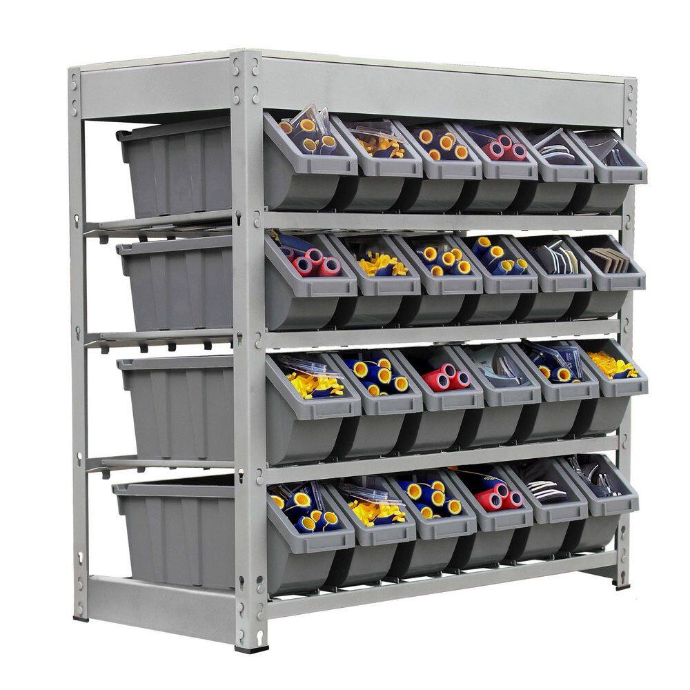 KING'S RACK Gray 4-Tier Botless Bin Storage System Garage Storage Rack (24 Plastic Bins in 4 Tier)