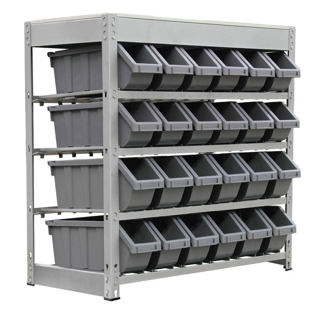 KING'S RACK Gray 4-Tier Botless Bin Storage System Garage Storage Rack (24 Plastic Bins in 4 Tier)