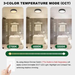 Akicon Bathroom Exhaust Fan with Light, Dimmable 3CCT LED Light with Night Light, 80 CFM, 2-Sones, Round, Black