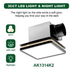 Akicon Bathroom Exhaust Fan with Light, Dimmable 3CCT LED Light with Night Light, 80 CFM, 2-Sones, Square, Black