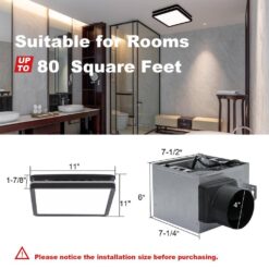 Akicon Bathroom Exhaust Fan with Light, Dimmable 3CCT LED Light with Night Light, 80 CFM, 2-Sones, Square, Black
