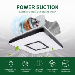 Akicon 1390N2 Series Decorative Black Fan Speed 90 CFM Ceiling Bathroom Exhaust Fan with 18-Watt Dimmable 3CCT LED Light Square