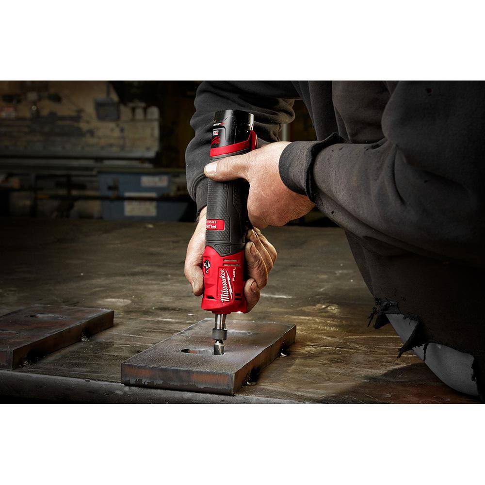 Milwaukee M12 FUEL 12V Lithium-Ion Brushless Cordless 1/4 in. Straight Die Grinder Kit w Two 2.0 Ah Batteries & M12 Spot Blower