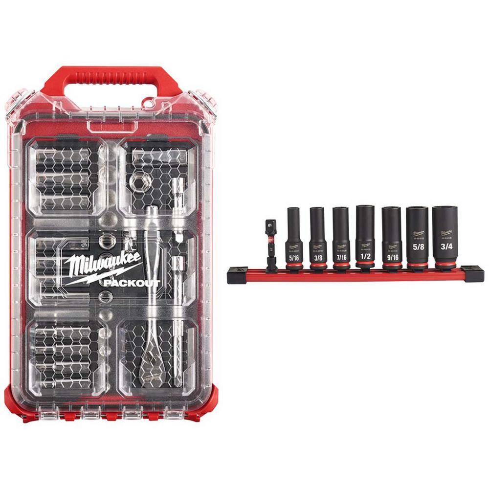 Milwaukee 3/8 in. Drive Metric Ratchet and Socket Mechanics Tool Set with PACKOUT Case & Impact Socket Set (40-Piece)
