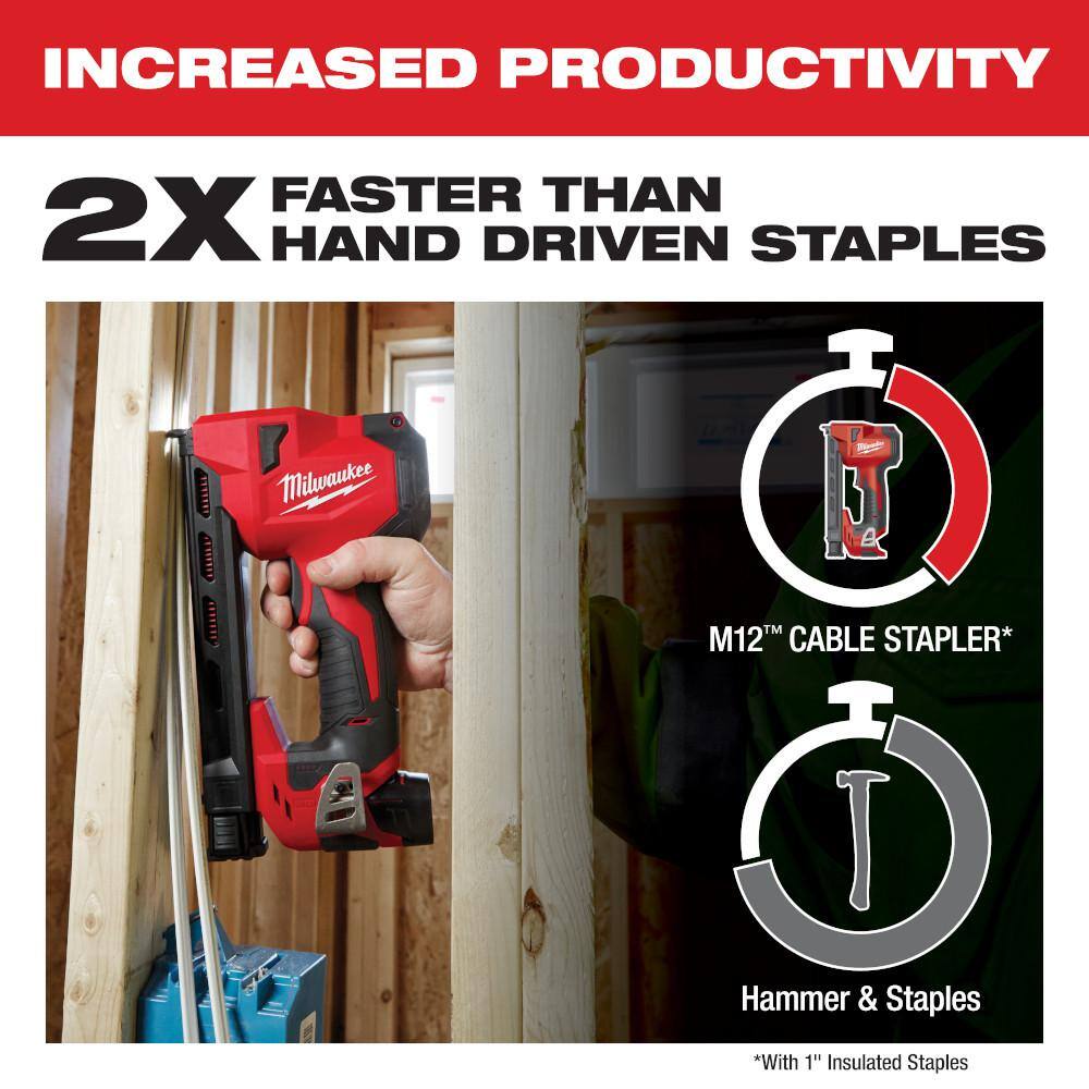 Milwaukee M12 12 Volt Lithium Ion Cordless Cable Stapler w/1 in. Insulated Cable Staples 600 Per Box