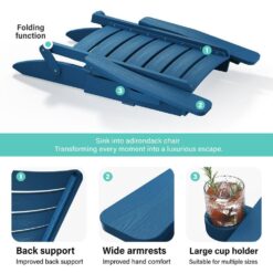 Mximu All-Weather HIPS Navy Blue Folding Plastic Patio Adirondack Chair for Outdoor