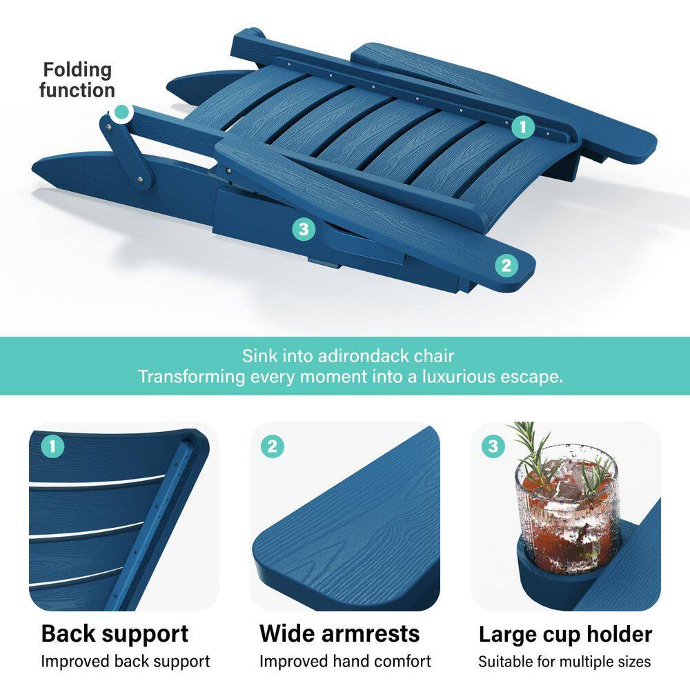 Mximu All-Weather HIPS Navy Blue Folding Plastic Patio Adirondack Chair for Outdoor