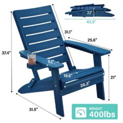 Mximu All-Weather HIPS Navy Blue Folding Plastic Patio Adirondack Chair for Outdoor
