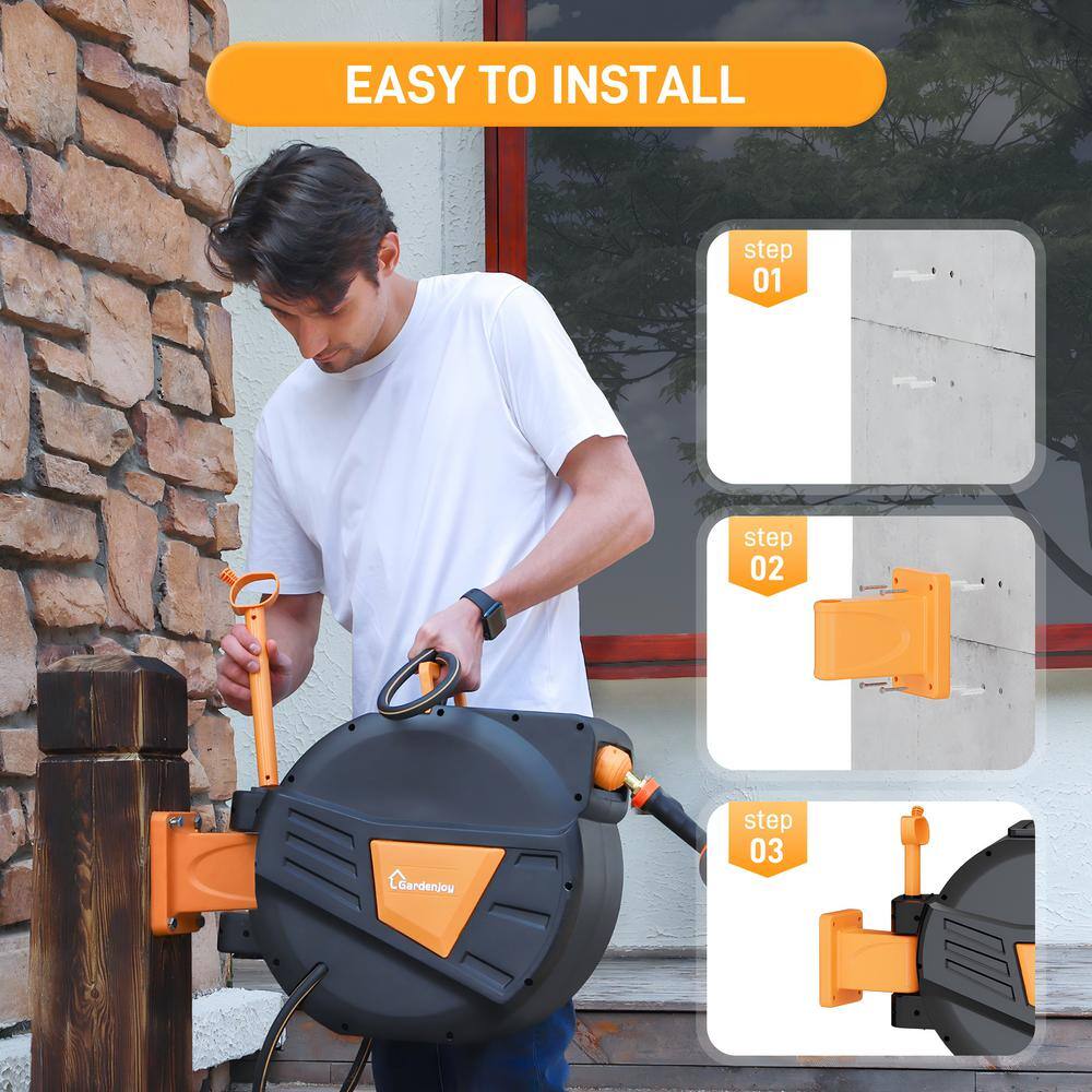 GardenJoy Retractable Garden Hose Reel 1/2 in. to 100 ft. Orange Retractable Reel Wall Mounted Width 10-In-1 Hose Nozzle