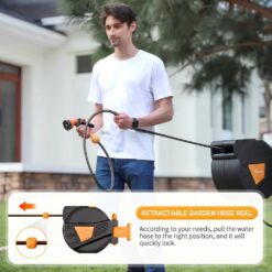 GardenJoy Retractable Garden Hose Reel 1/2 in. to 100 ft. Orange Retractable Reel Wall Mounted Width 10-In-1 Hose Nozzle