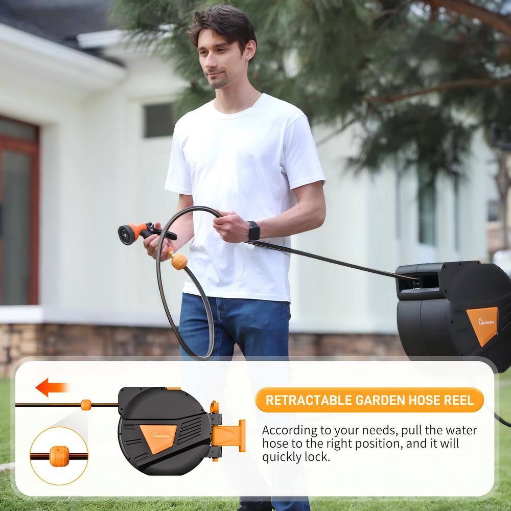 GardenJoy Retractable Garden Hose Reel 1/2 in. to 100 ft. Orange Retractable Reel Wall Mounted Width 10-In-1 Hose Nozzle