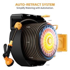 GardenJoy Retractable Garden Hose Reel 1/2 in. to 100 ft. Orange Retractable Reel Wall Mounted Width 10-In-1 Hose Nozzle