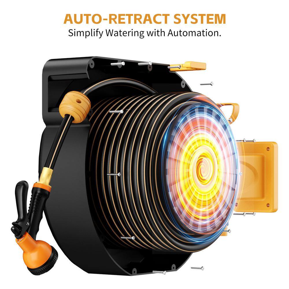 GardenJoy Retractable Garden Hose Reel 1/2 in. to 100 ft. Orange Retractable Reel Wall Mounted Width 10-In-1 Hose Nozzle