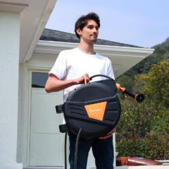 GardenJoy Retractable Garden Hose Reel 1/2 in. to 100 ft. Orange Retractable Reel Wall Mounted Width 10-In-1 Hose Nozzle