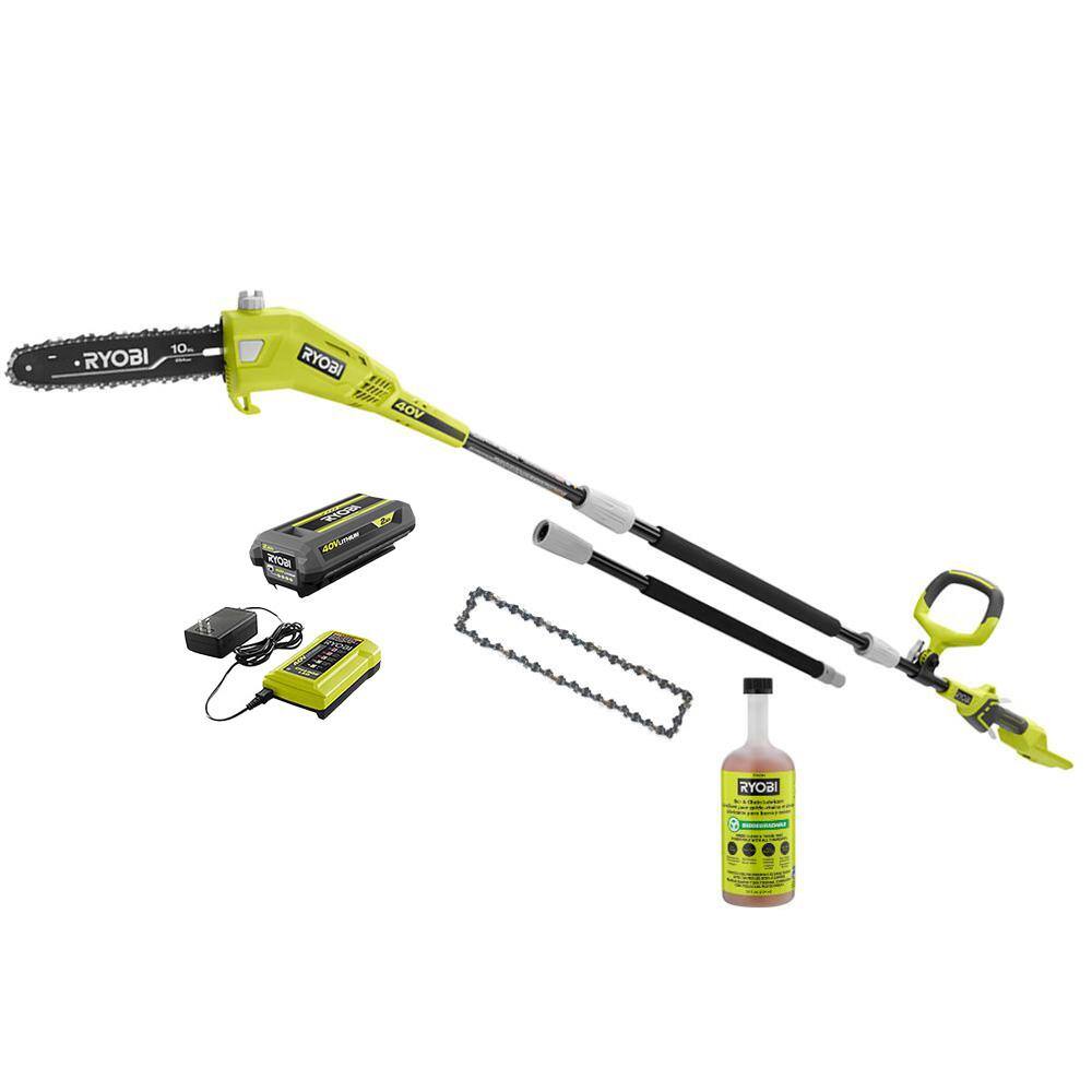 RYOBI 40V 10 in. Cordless Battery Pole Saw, Extra Chain and Oil with 2.0 Ah Battery and Charger