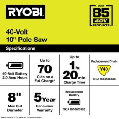 RYOBI 40V 10 in. Cordless Battery Pole Saw, Extra Chain and Oil with 2.0 Ah Battery and Charger