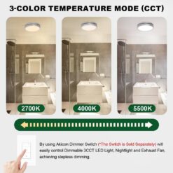 Akicon Bathroom Exhaust Fan with Light, Dimmable 3CCT LED Light with Night Light, 80 CFM, 2-Sones, Round, Silver