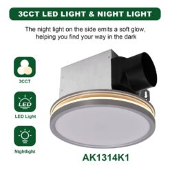 Akicon Bathroom Exhaust Fan with Light, Dimmable 3CCT LED Light with Night Light, 80 CFM, 2-Sones, Round, Silver