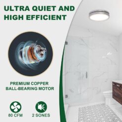Akicon Bathroom Exhaust Fan with Light, Dimmable 3CCT LED Light with Night Light, 80 CFM, 2-Sones, Round, Silver