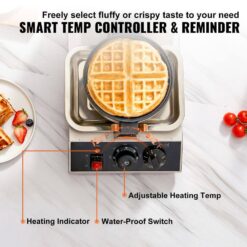 SKYSHALO Commercial Waffle Maker 1300W 1 Piece per Batch Round Waffle Iron Non-Stick Waffle Cone Machine Waffle Maker