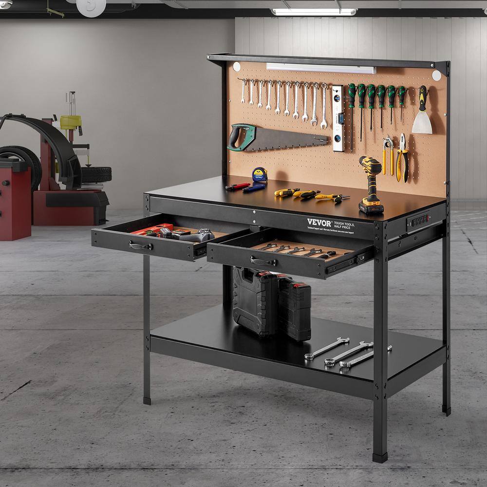 VEVOR 47 in. W x 24 in. D Heavy Duty 2-Drawer Steel Workbench in Black 220 lbs. Load Capacity with Pegboard