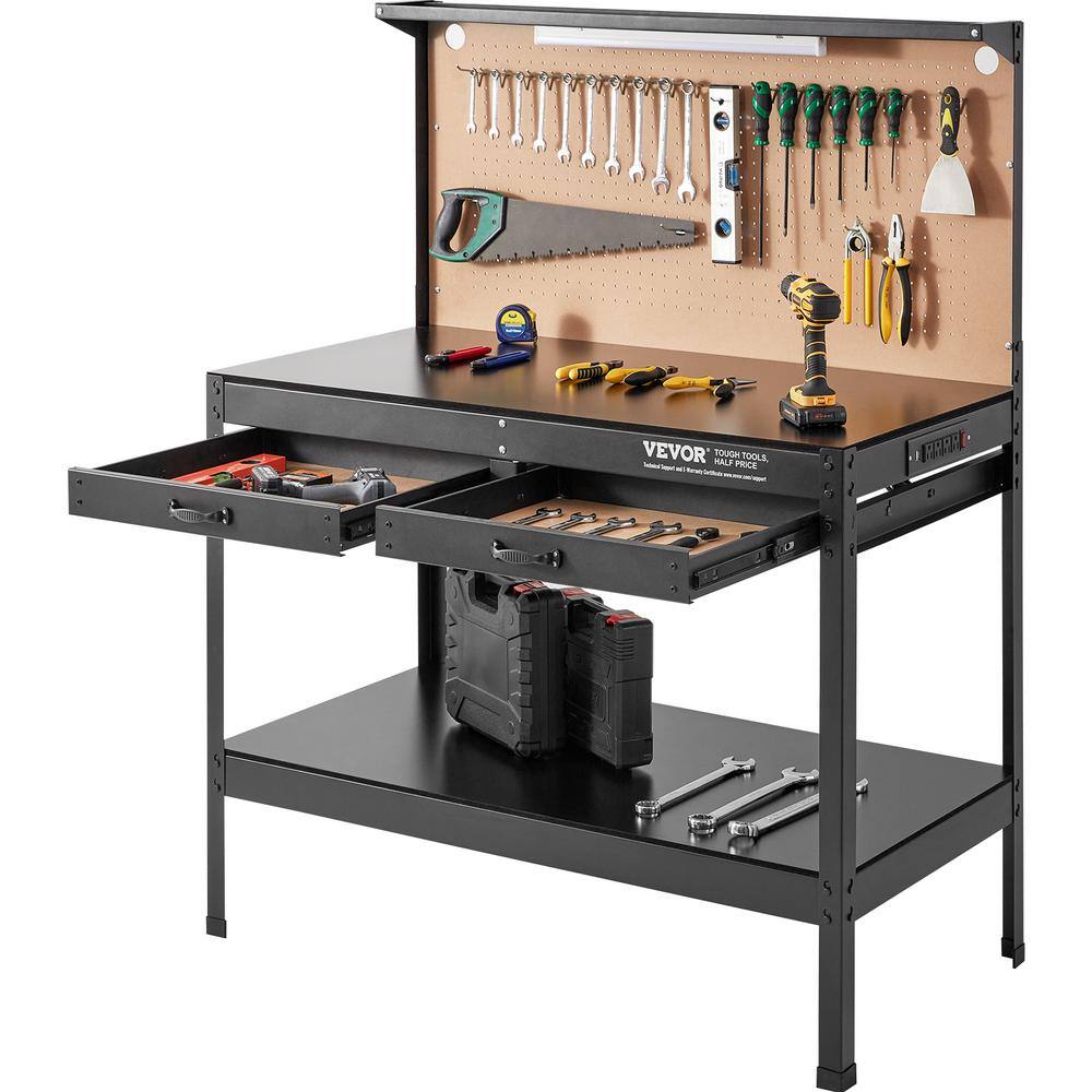 VEVOR 47 in. W x 24 in. D Heavy Duty 2-Drawer Steel Workbench in Black 220 lbs. Load Capacity with Pegboard