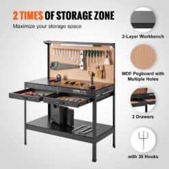 VEVOR 47 in. W x 24 in. D Heavy Duty 2-Drawer Steel Workbench in Black 220 lbs. Load Capacity with Pegboard