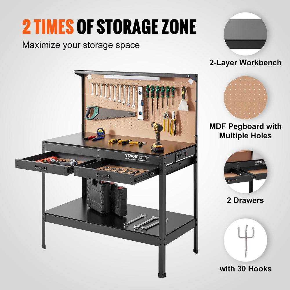 VEVOR 47 in. W x 24 in. D Heavy Duty 2-Drawer Steel Workbench in Black 220 lbs. Load Capacity with Pegboard