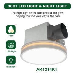 Akicon Bathroom Exhaust Fan with Light, Dimmable 3CCT LED Light with Night Light, 80 CFM, 2-Sones, Round, White
