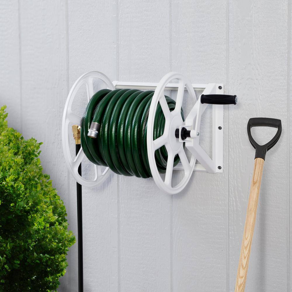 Hampton Bay 200 ft. White Steel Dual mount Wall Mounted Garden Hose Reel