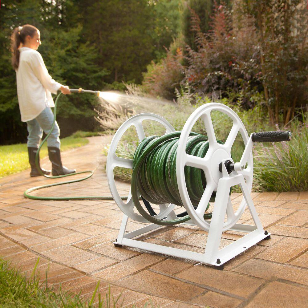 Hampton Bay 200 ft. White Steel Dual mount Wall Mounted Garden Hose Reel