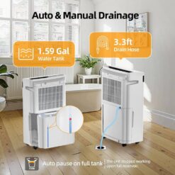 Edendirect 60 pt. 4500 sq. ft. Portable Dehumidifier for Basement in White, with Drain Hose, 6L Bucket, Continuous Run, Child Lock