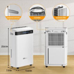 Edendirect 60 pt. 4500 sq. ft. Portable Dehumidifier for Basement in White, with Drain Hose, 6L Bucket, Continuous Run, Child Lock