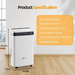 Edendirect 60 pt. 4500 sq. ft. Portable Dehumidifier for Basement in White, with Drain Hose, 6L Bucket, Continuous Run, Child Lock