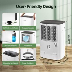 Edendirect 85 pt. 5,000 sq.ft. Portable Dehumidifier in White, with Auto Defrost, Variable Speeds, Continuous Run, 24H Timer