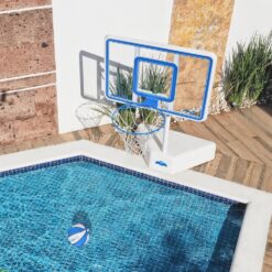 Dunn-Rite Splash & Shoot Clear Outdoor Adjustable Height Swimming Pool Basketball Hoop w/Ball, Base, & 18 Inch Stainless Steel Rim, Blue
