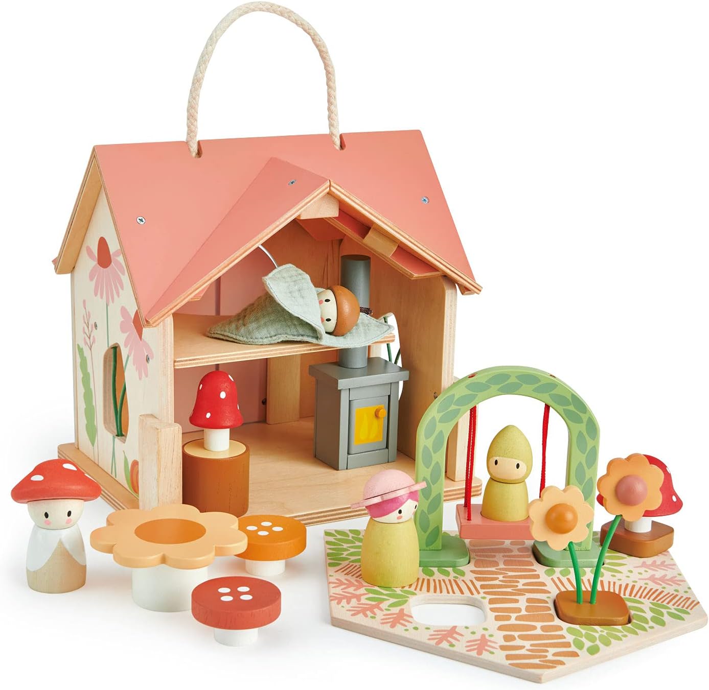 Tender Leaf Toys - Rosewood Cottage - Portable Furnished Wooden 2-Story Dollhouse Set