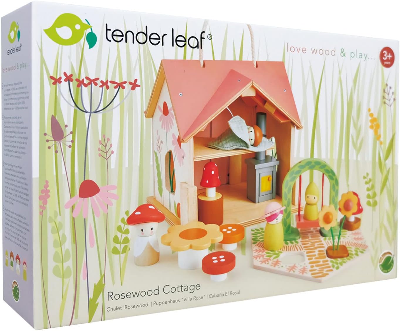Tender Leaf Toys - Rosewood Cottage - Portable Furnished Wooden 2-Story Dollhouse Set