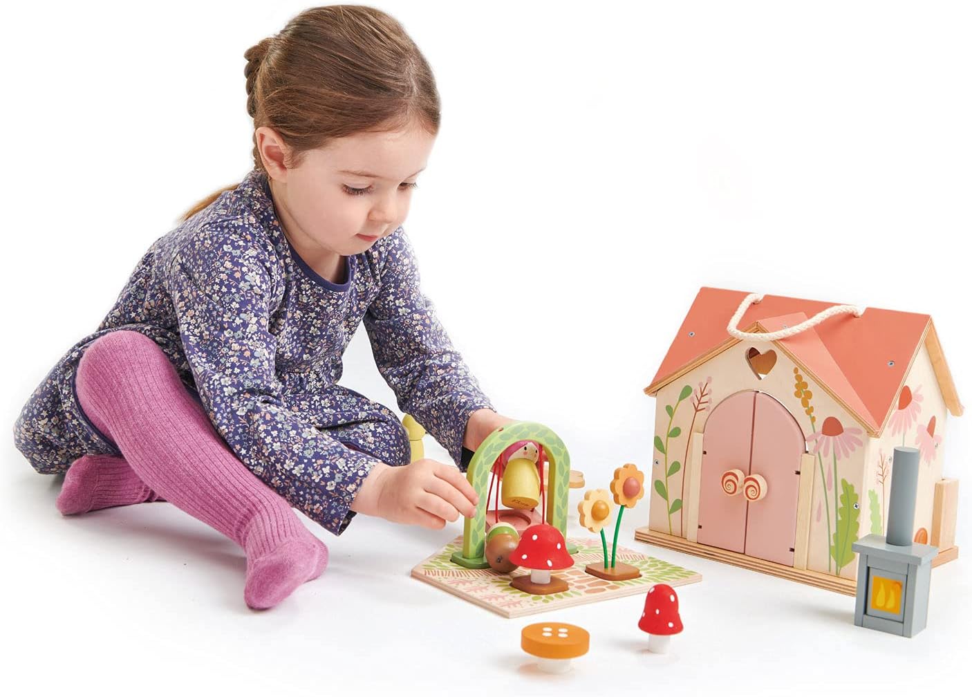 Tender Leaf Toys - Rosewood Cottage - Portable Furnished Wooden 2-Story Dollhouse Set