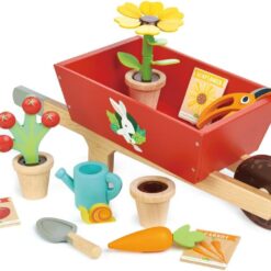 Tender Leaf Toys - Garden Wheelbarrow Set - Deluxe Garden Pretend Play Wooden Toy Set for Gardening