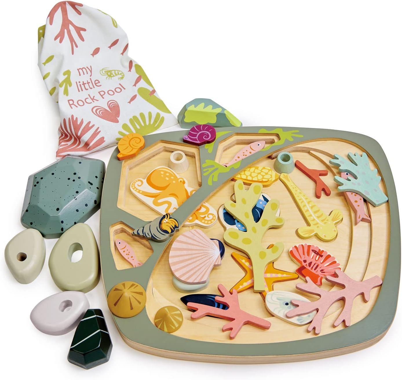 Tender Leaf Toys - My Little Rock Pool - 35 Piece Wooden Sea Life Set with Illustrated Drawstring Bag