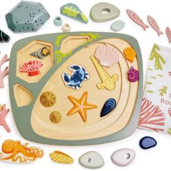 Tender Leaf Toys - My Little Rock Pool - 35 Piece Wooden Sea Life Set with Illustrated Drawstring Bag