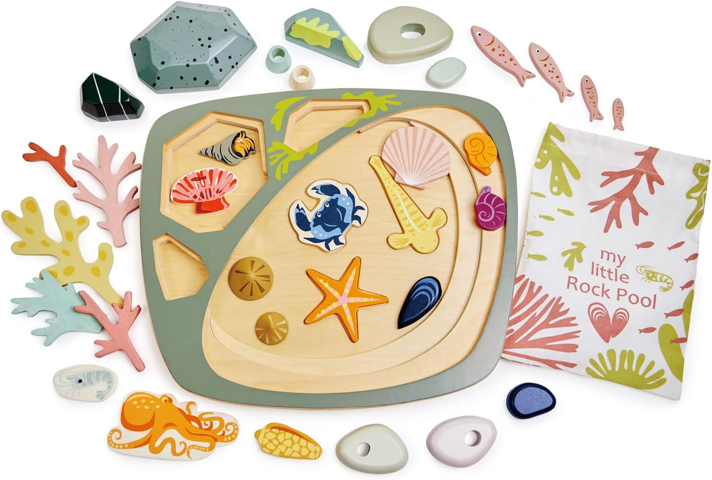 Tender Leaf Toys - My Little Rock Pool - 35 Piece Wooden Sea Life Set with Illustrated Drawstring Bag