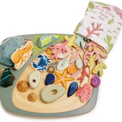 Tender Leaf Toys - My Little Rock Pool - 35 Piece Wooden Sea Life Set with Illustrated Drawstring Bag