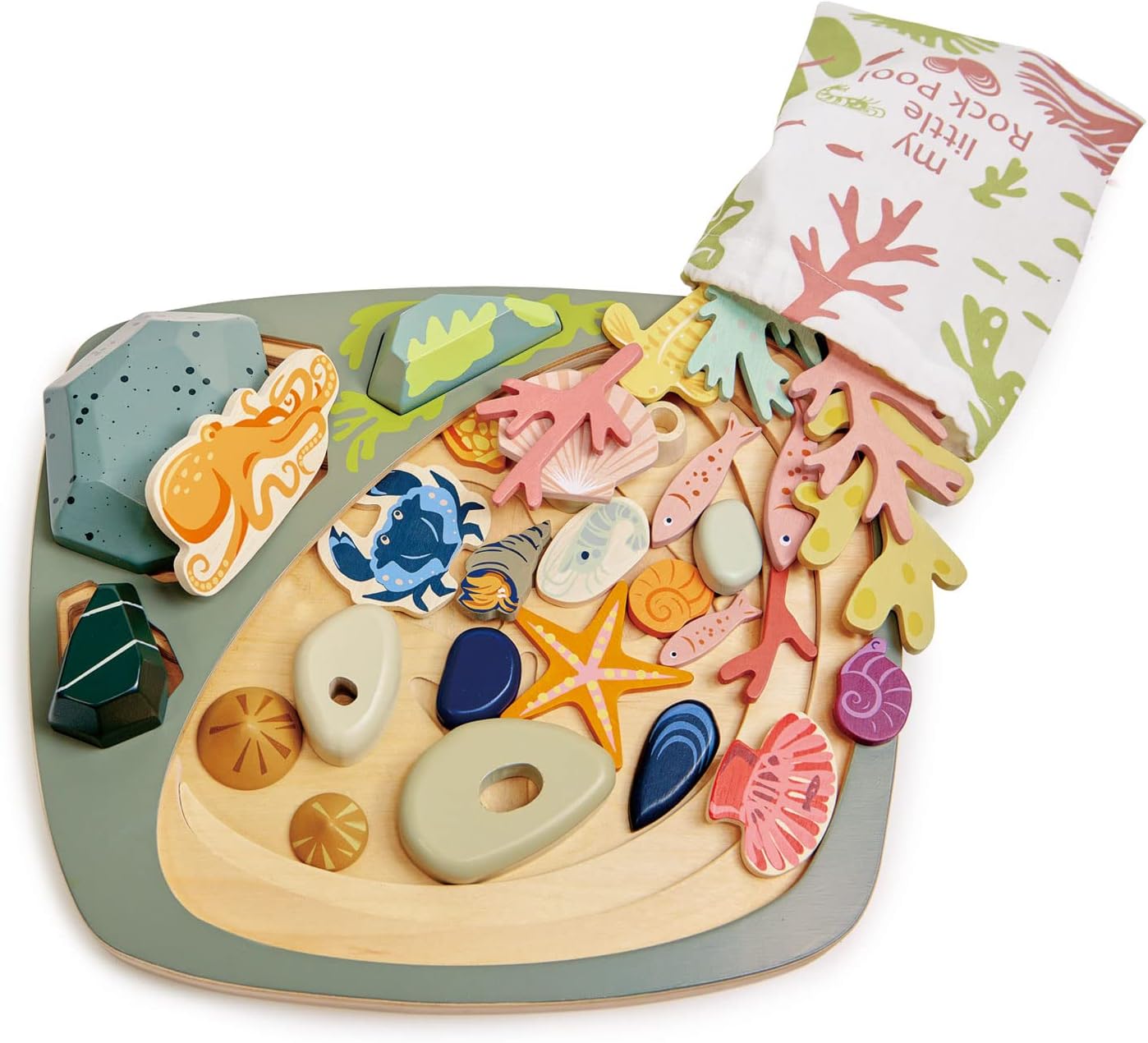 Tender Leaf Toys - My Little Rock Pool - 35 Piece Wooden Sea Life Set with Illustrated Drawstring Bag
